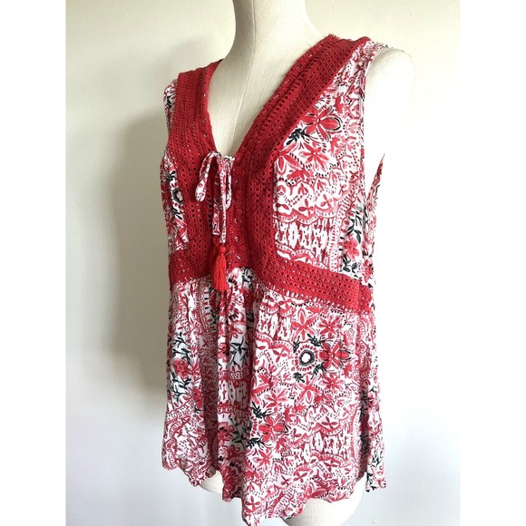 Torrid Babydoll Tank Top Lace-Up Crochet Sleeveless Red Floral Boho 1X - Picture 2 of 14